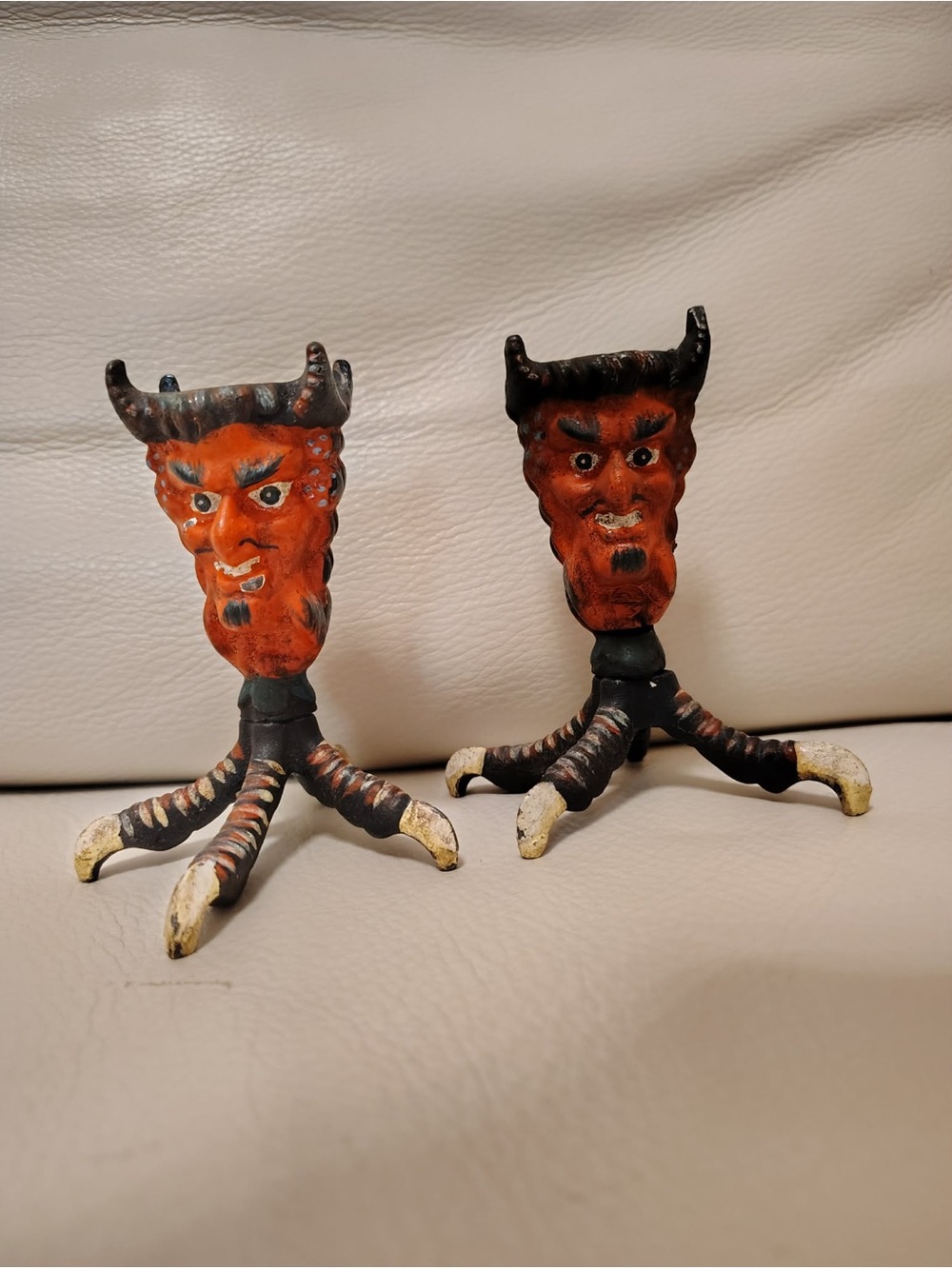 Antique Cast Iron Devil Head Candle Holder Chicken Talon Claw Original Paint .